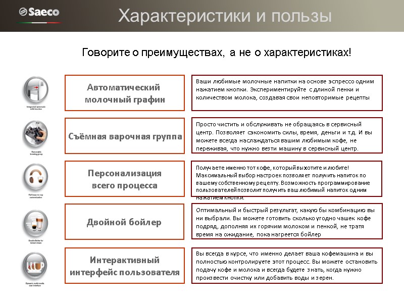 Характеристики и пользы Говорите о преимуществах, а не о характеристиках! Anti-roll feature 2 gentle
